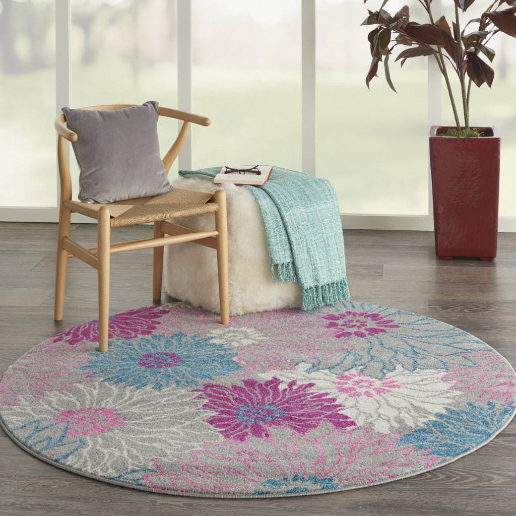 2’ X 6’ Gray And Pink Tropical Flower Runner Rug