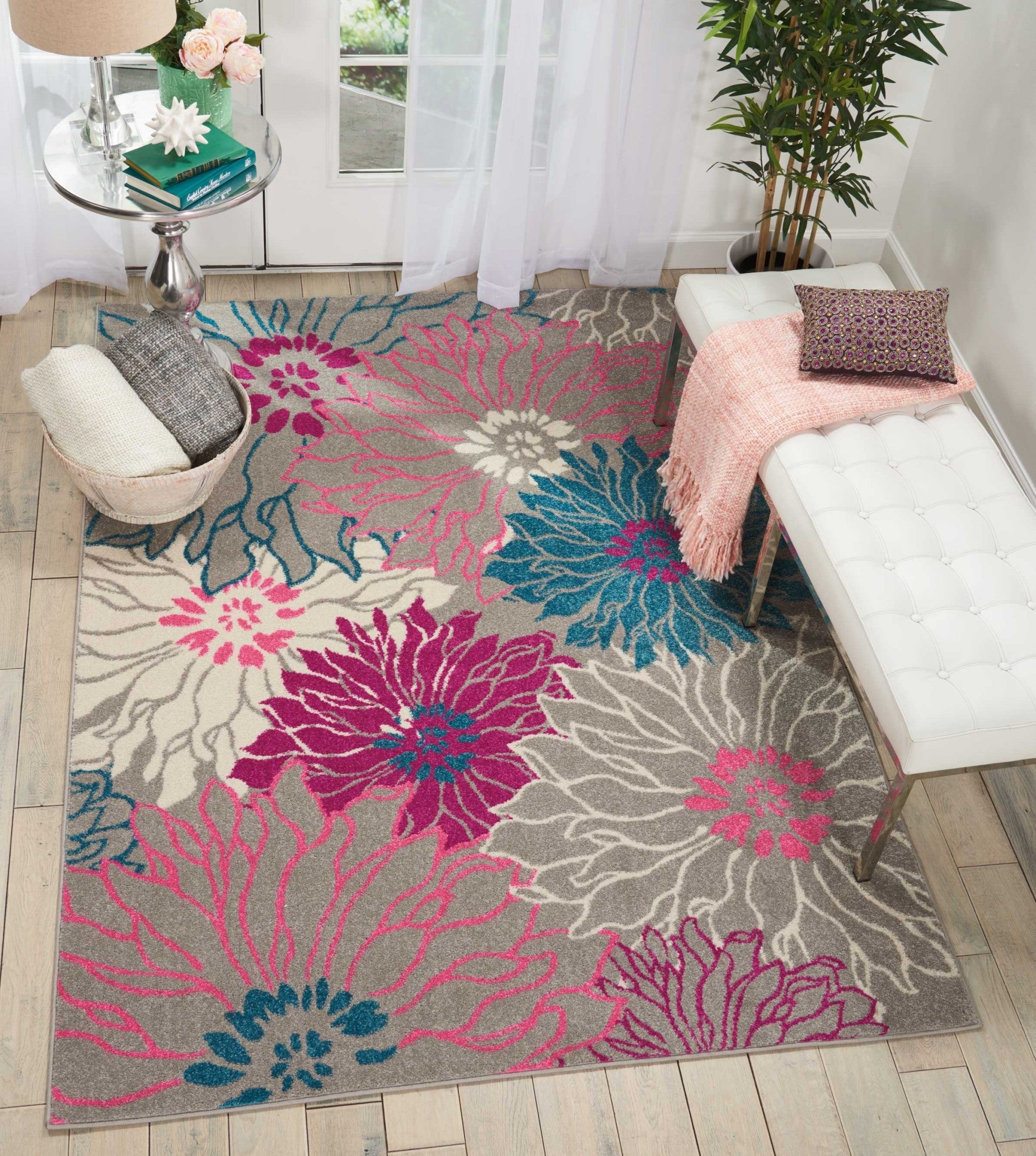 2’ X 6’ Gray And Pink Tropical Flower Runner Rug