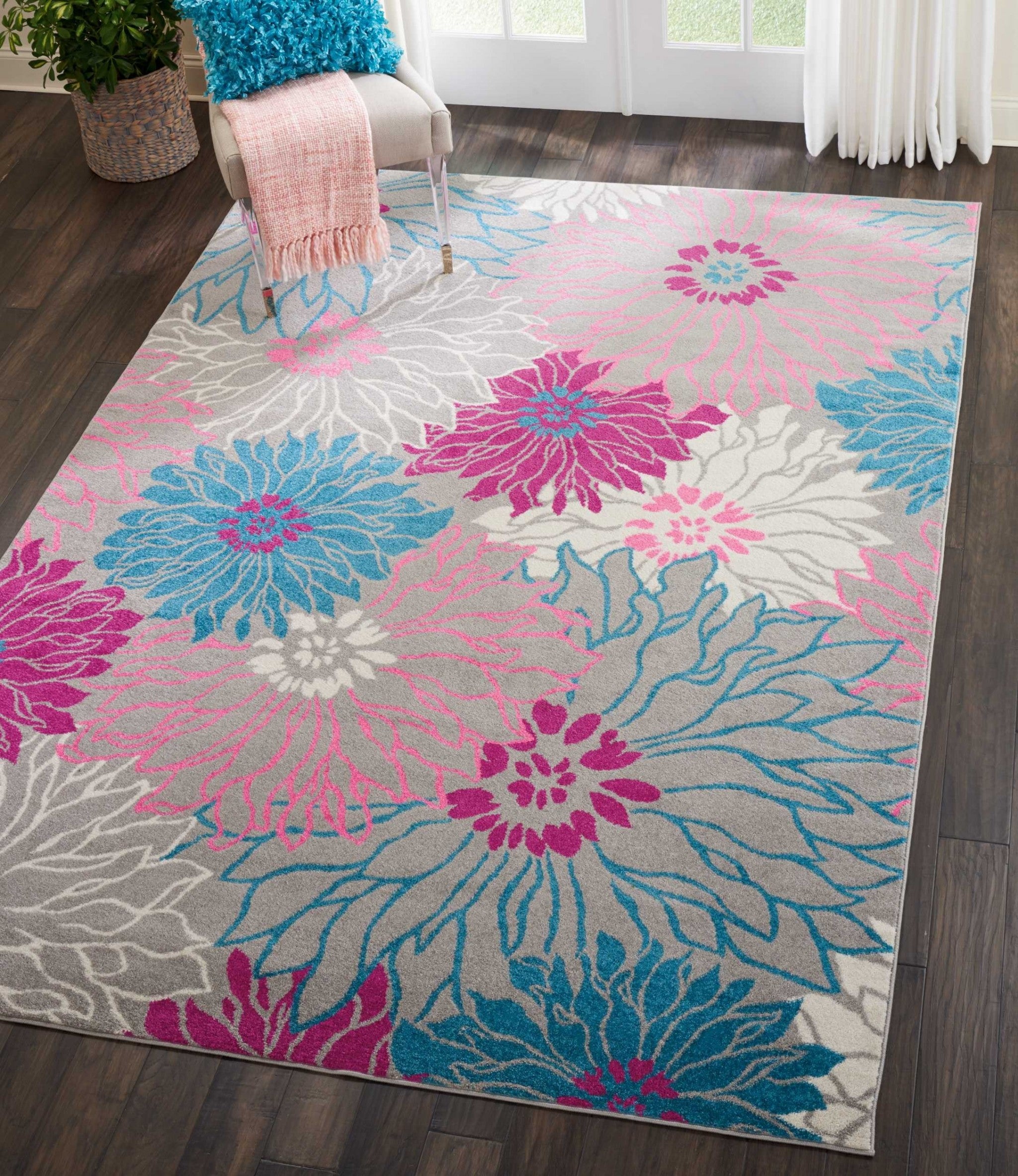 2’ X 6’ Gray And Pink Tropical Flower Runner Rug