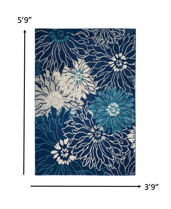 4’ X 6’ Navy And Ivory Floral Area Rug