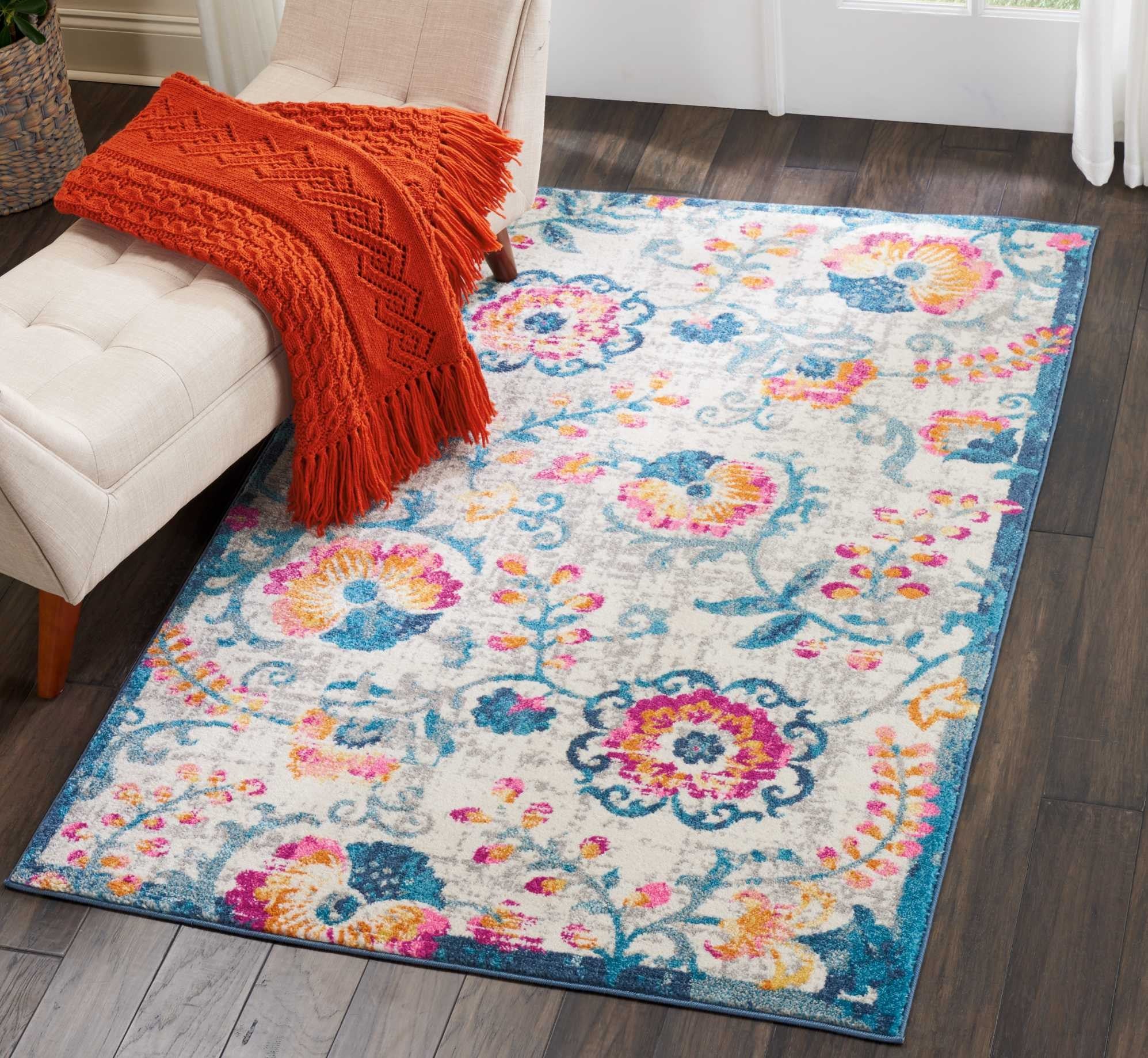 2’ X 6’ Ivory And Blue Floral Vines Runner Rug