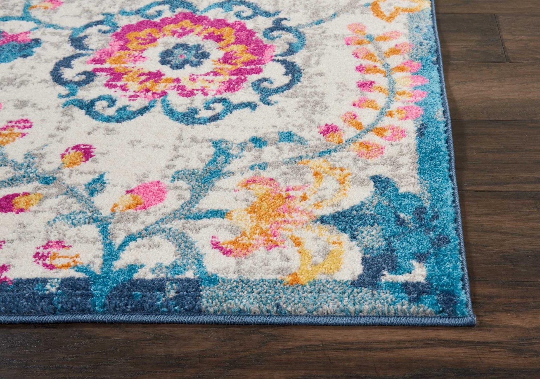 2’ X 6’ Ivory And Blue Floral Vines Runner Rug