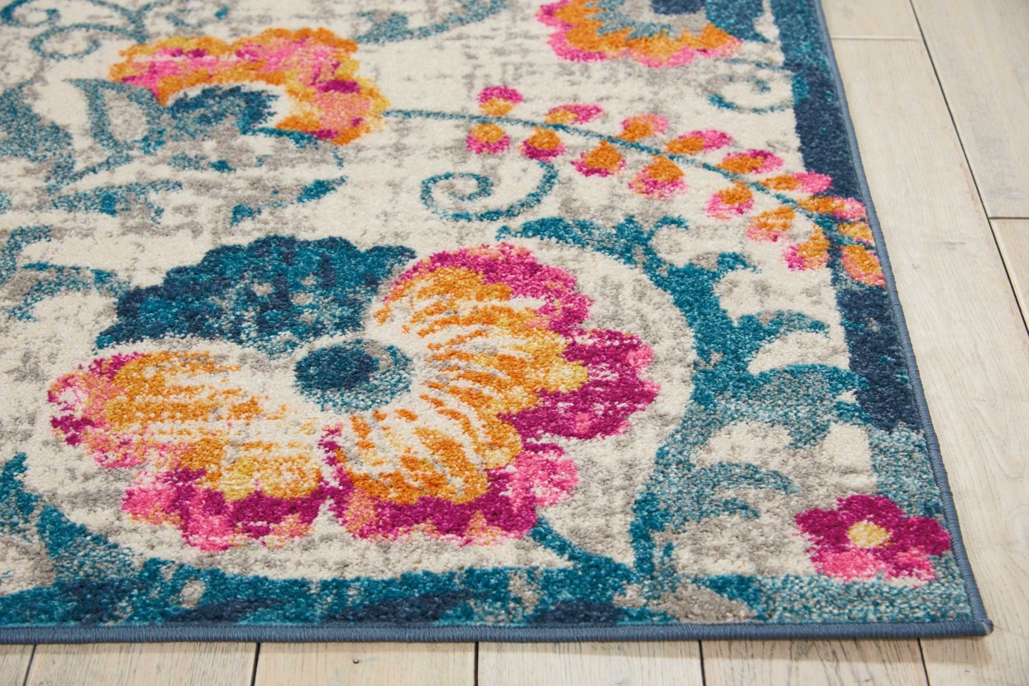 2’ X 6’ Ivory And Blue Floral Vines Runner Rug