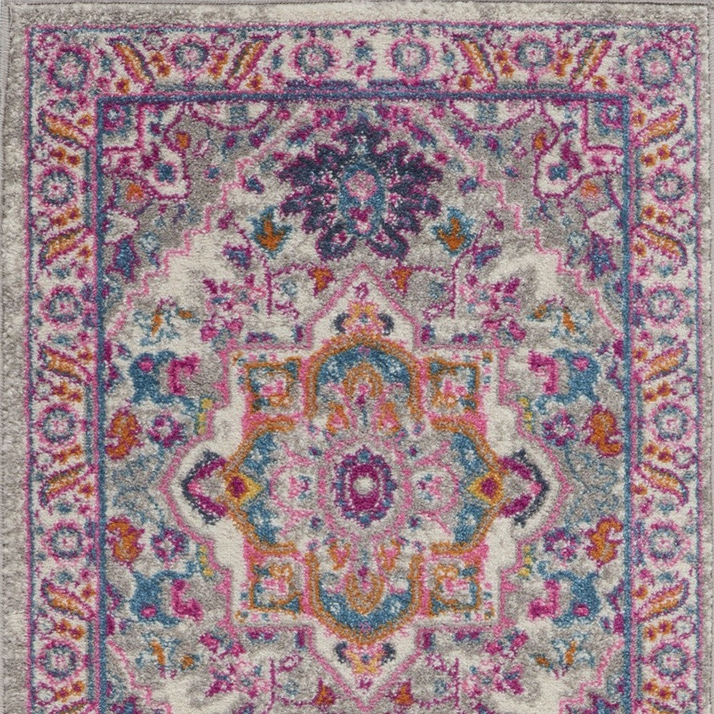 2’ X 6’ Light Gray And Pink Medallion Runner Rug
