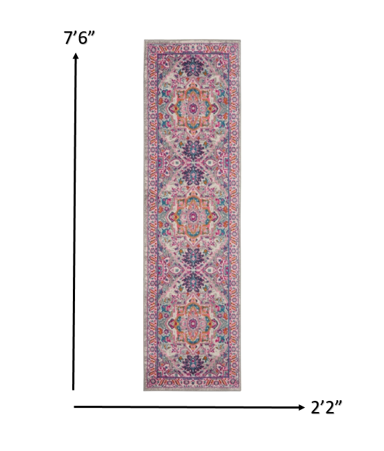 2’ X 6’ Light Gray And Pink Medallion Runner Rug