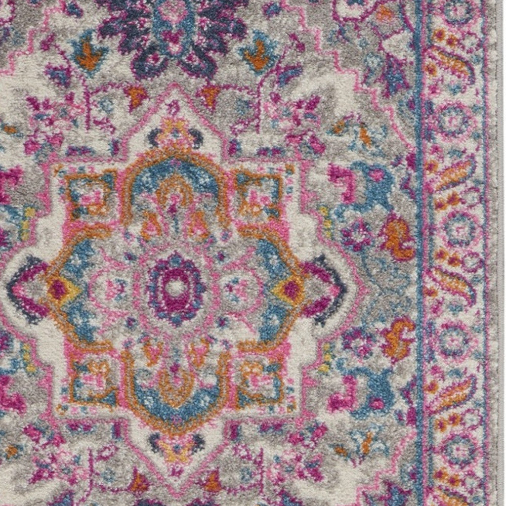 2’ X 6’ Light Gray And Pink Medallion Runner Rug