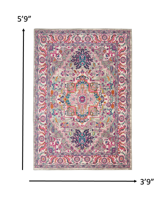 4’ X 6’ Light Gray And Pink Medallion Area Rug