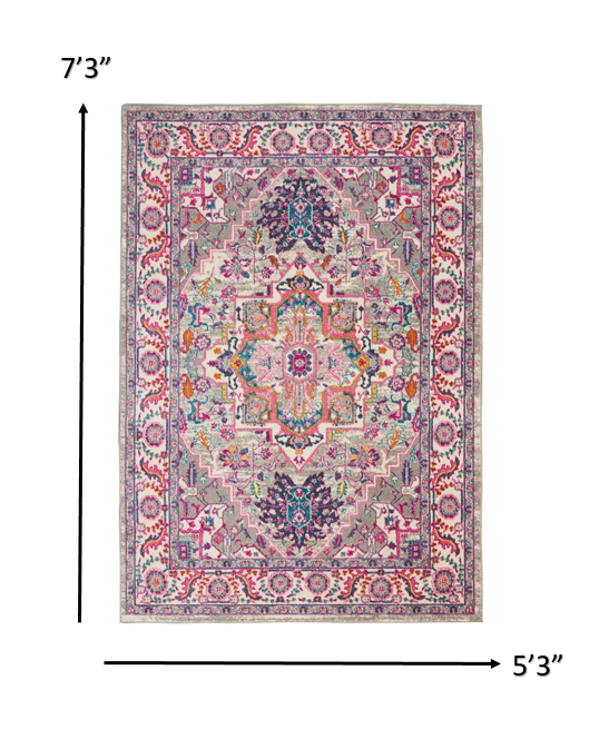 4’ X 6’ Light Gray And Pink Medallion Area Rug