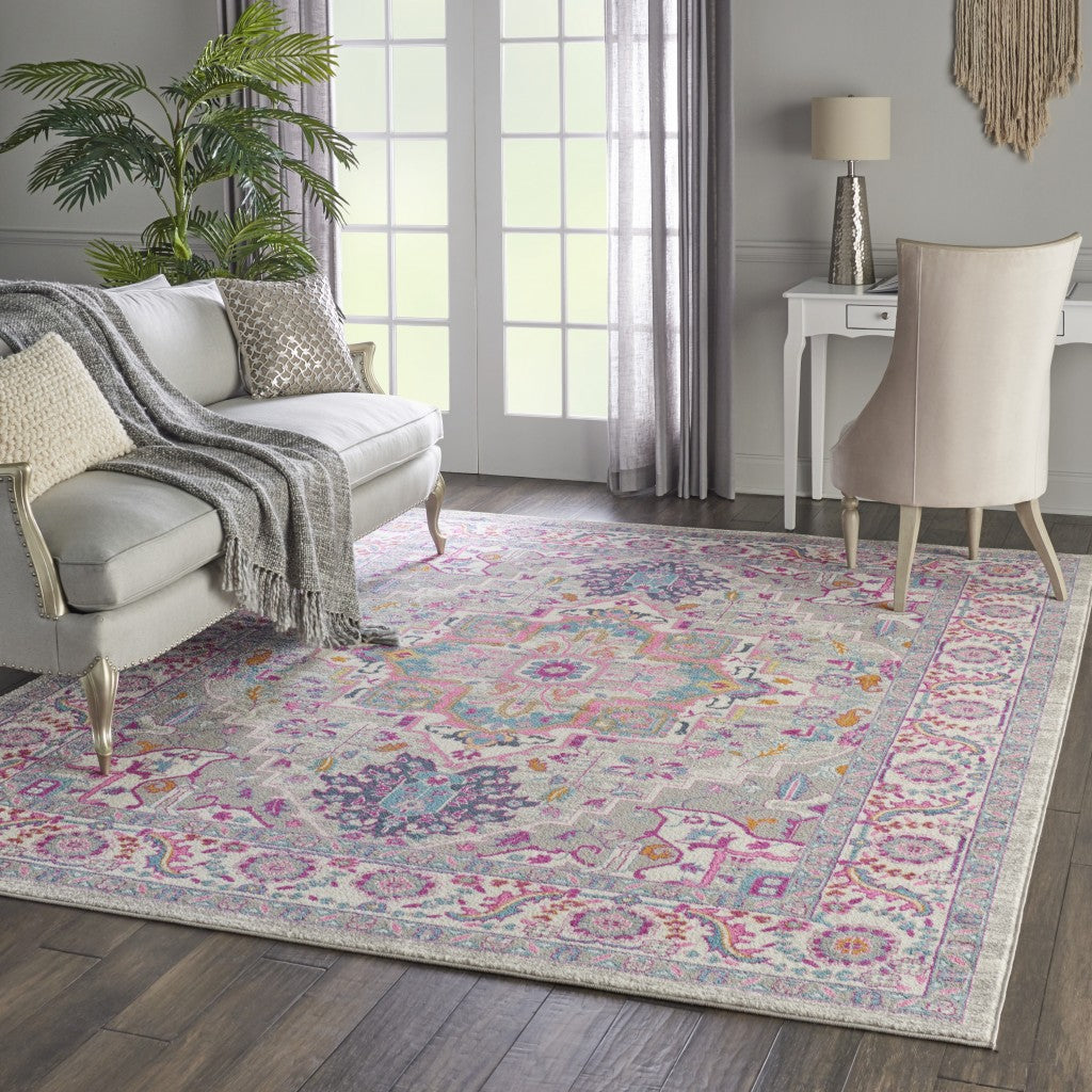 4’ X 6’ Light Gray And Pink Medallion Area Rug