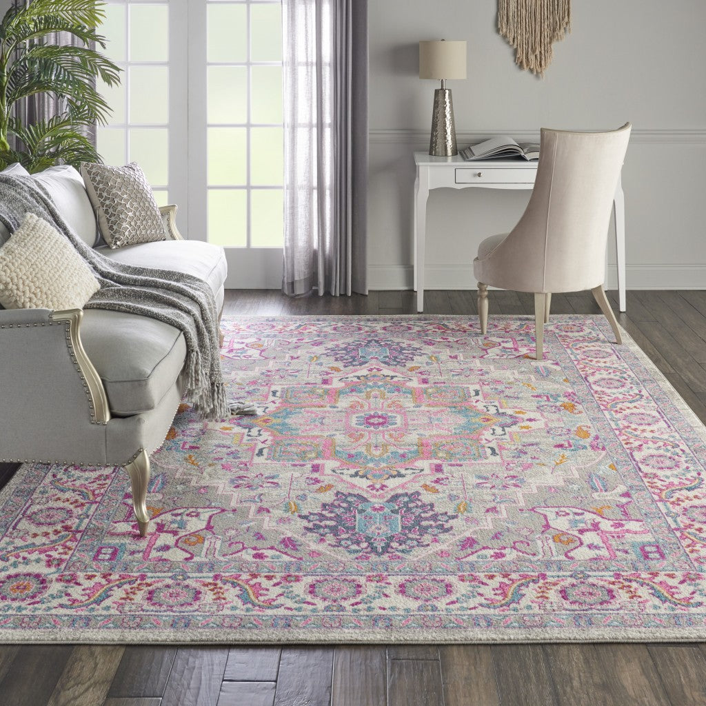 4’ X 6’ Light Gray And Pink Medallion Area Rug
