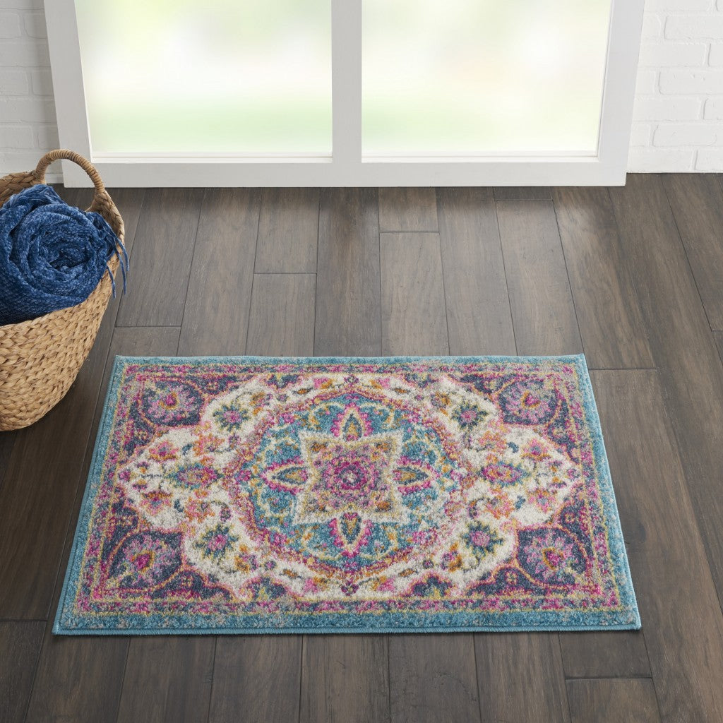2’ X 3’ Pink And Blue Floral Medallion Scatter Rug