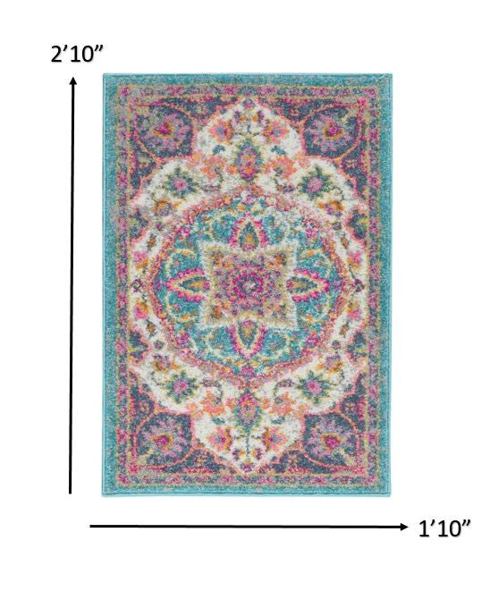 2’ X 3’ Pink And Blue Floral Medallion Scatter Rug