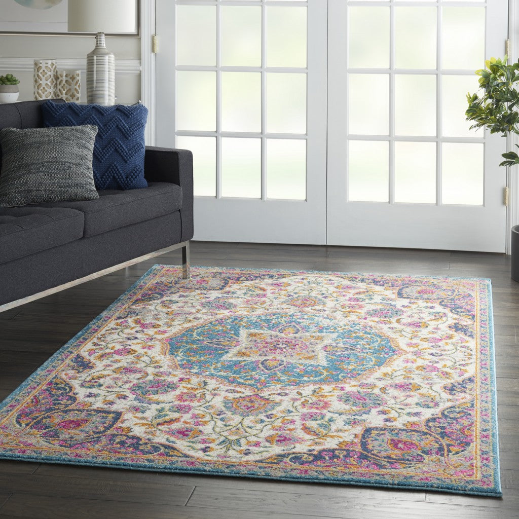 2’ X 3’ Pink And Blue Floral Medallion Scatter Rug