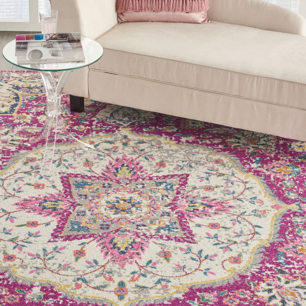 2’ X 6’ Pink And Ivory Medallion Runner Rug