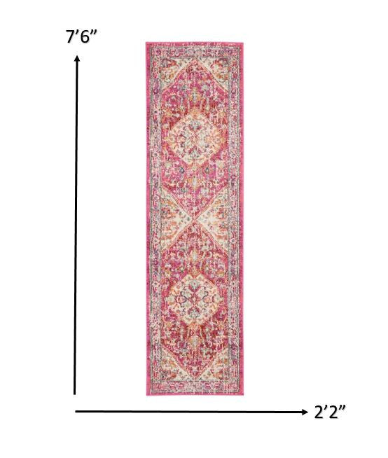2’ X 8’ Ivory And Pink Oriental Runner Rug
