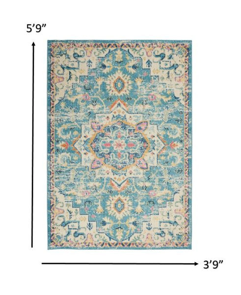 4’ X 6’ Light Blue And Ivory Distressed Area Rug