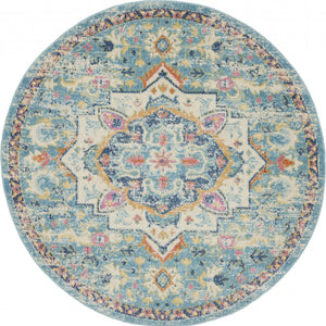 5’ Round Light Blue And Ivory Distressed Area Rug