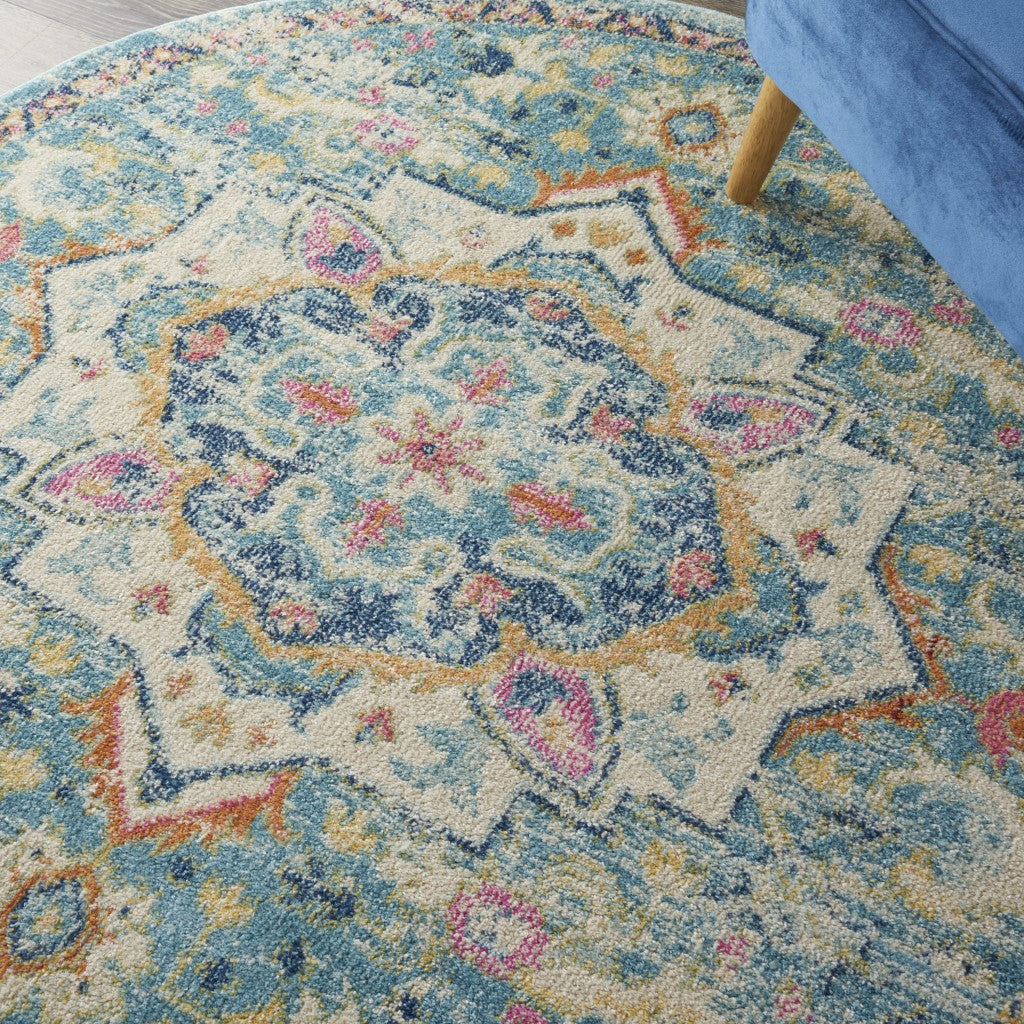 5’ Round Light Blue And Ivory Distressed Area Rug