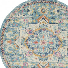 5’ Round Light Blue And Ivory Distressed Area Rug