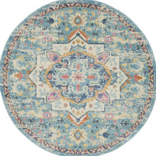 5’ Round Light Blue And Ivory Distressed Area Rug