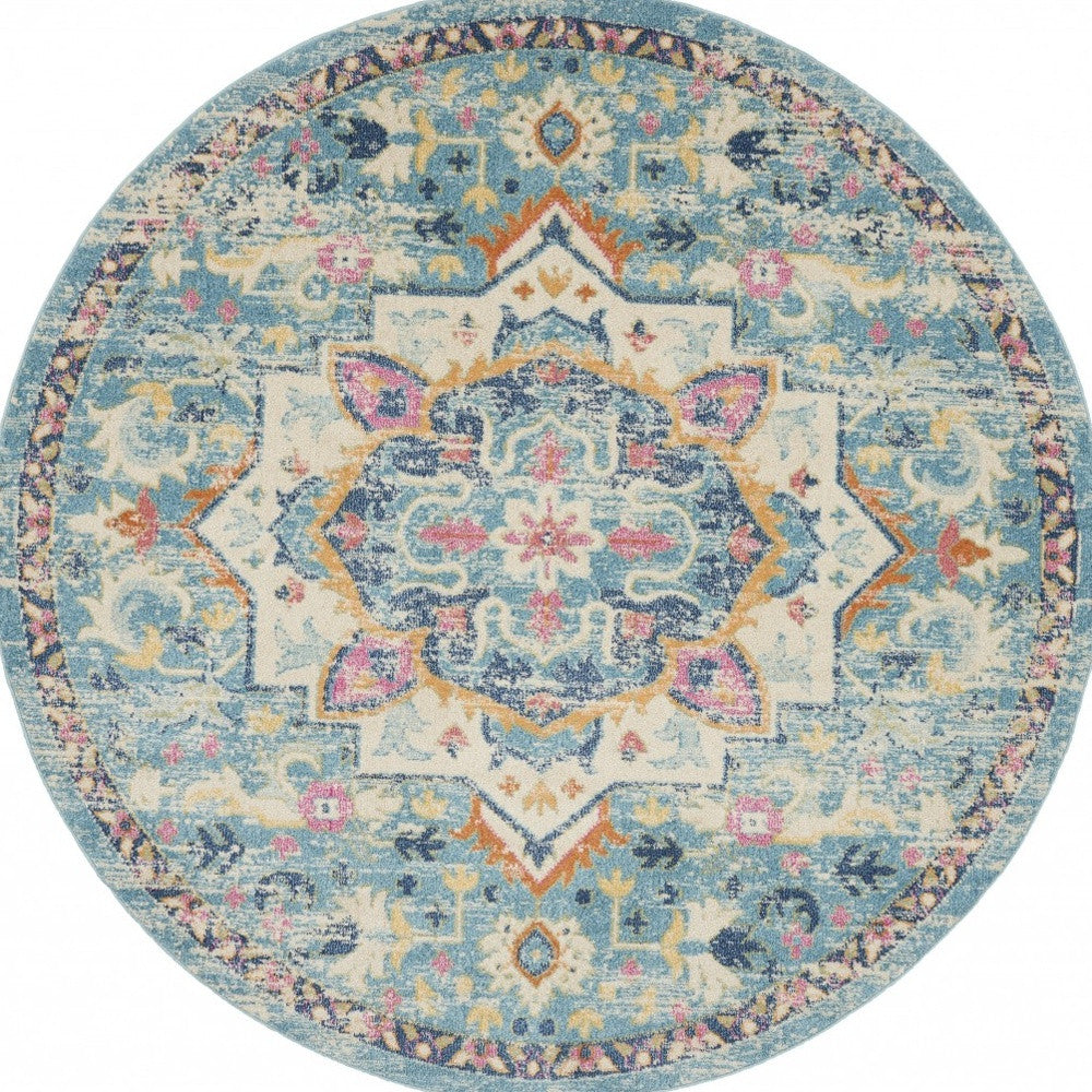5’ Round Light Blue And Ivory Distressed Area Rug