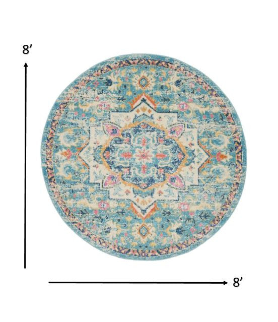 5’ Round Light Blue And Ivory Distressed Area Rug