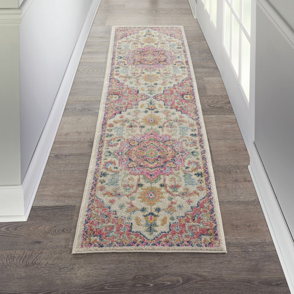 2’ X 8’ Ivory And Pink Medallion Scatter Rug