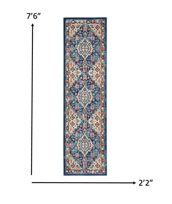 2’ X 8’ Blue And Ivory Medallion Runner Rug