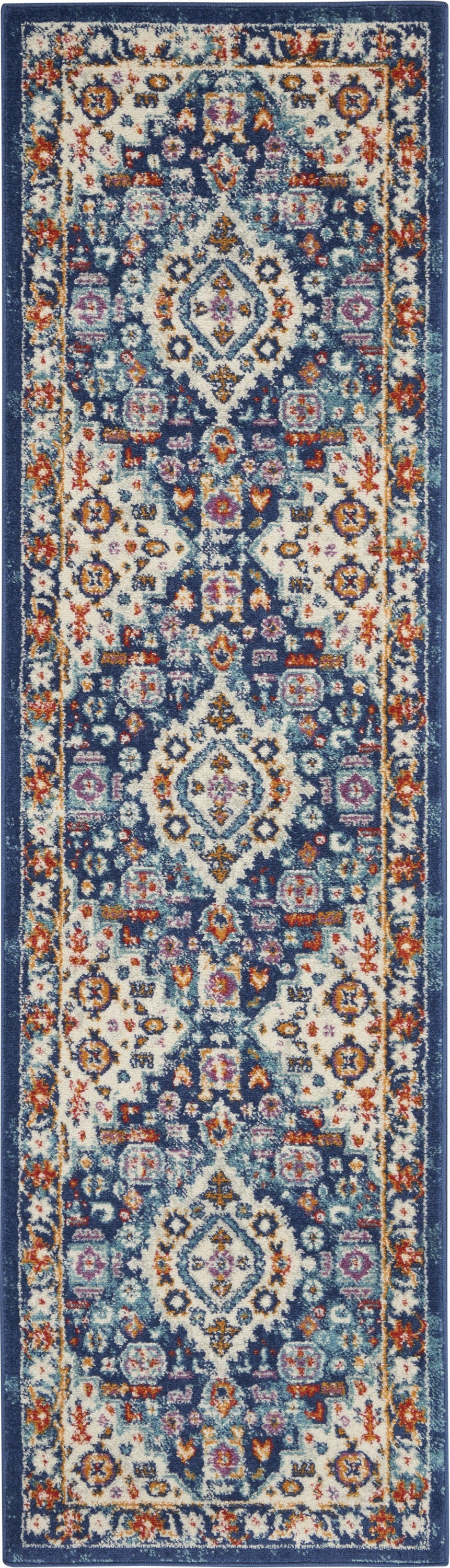 2’ X 8’ Blue And Ivory Medallion Runner Rug