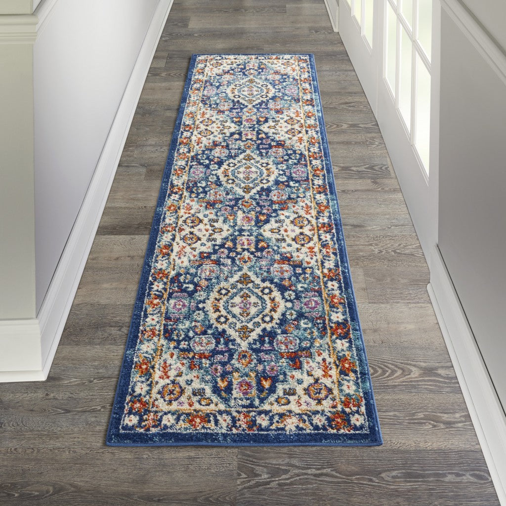 2’ X 8’ Blue And Ivory Medallion Runner Rug