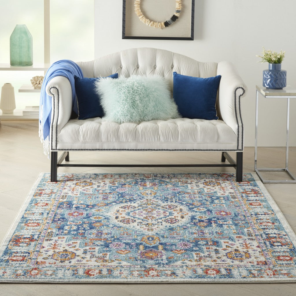 2’ X 3’ Ivory And Blue Floral Motifs Scatter Rug