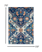 4' X 6' Blue And Ivory Floral Power Loom Area Rug
