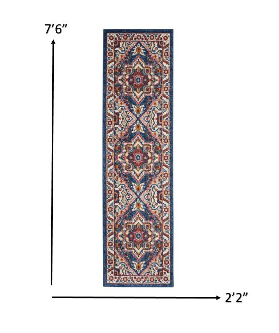 2’ X 8’ Blue And Ruby Medallion Runner Rug