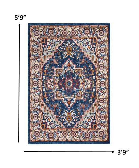 4’ X 6’ Blue And Ruby Medallion Area Rug