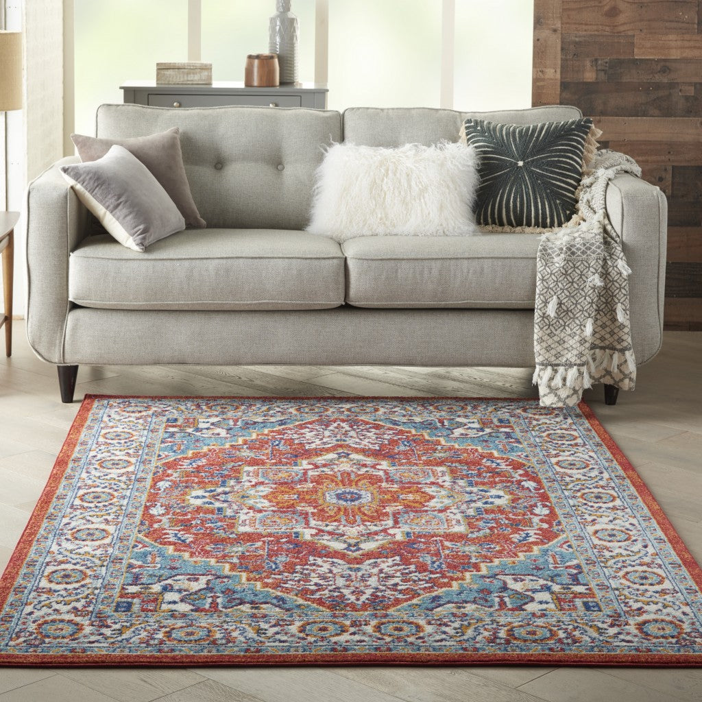 5’ X 7’ Red And Ivory Medallion Area Rug