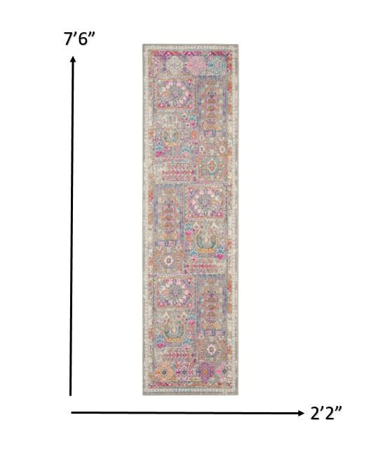 Gray Distressed Ornamental Runner Rug - 2’ x 6’