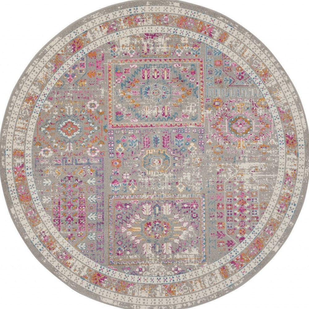 5’ Round Gray Distressed Ornamental Area Rug