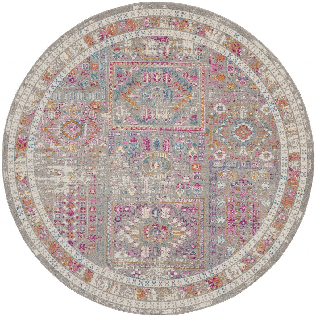 5’ Round Gray Distressed Ornamental Area Rug