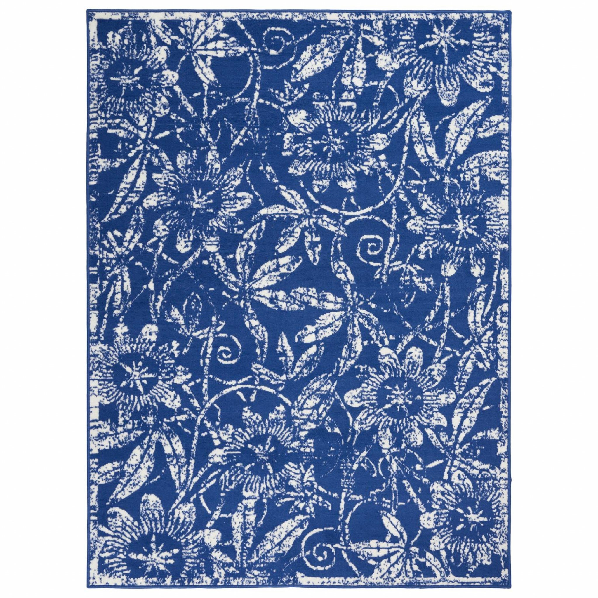 5’ X 7’ Navy And Ivory Floral Vines Area Rug