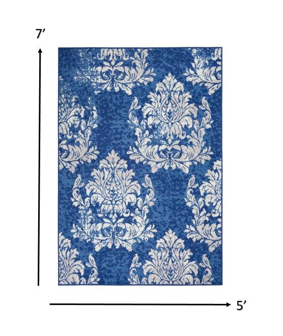 4’ X 6’ Ivory And Navy Damask Area Rug