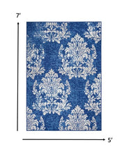 4’ X 6’ Ivory And Navy Damask Area Rug