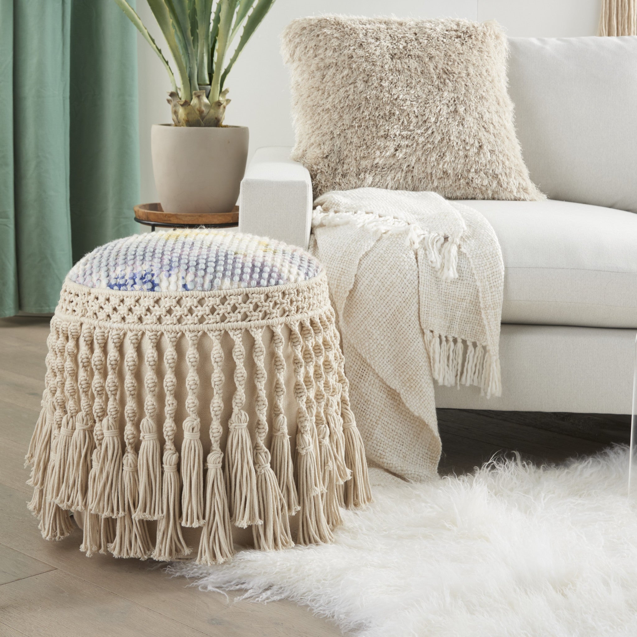 18" Boho Ivory Macrame Round Pouf Ottoman