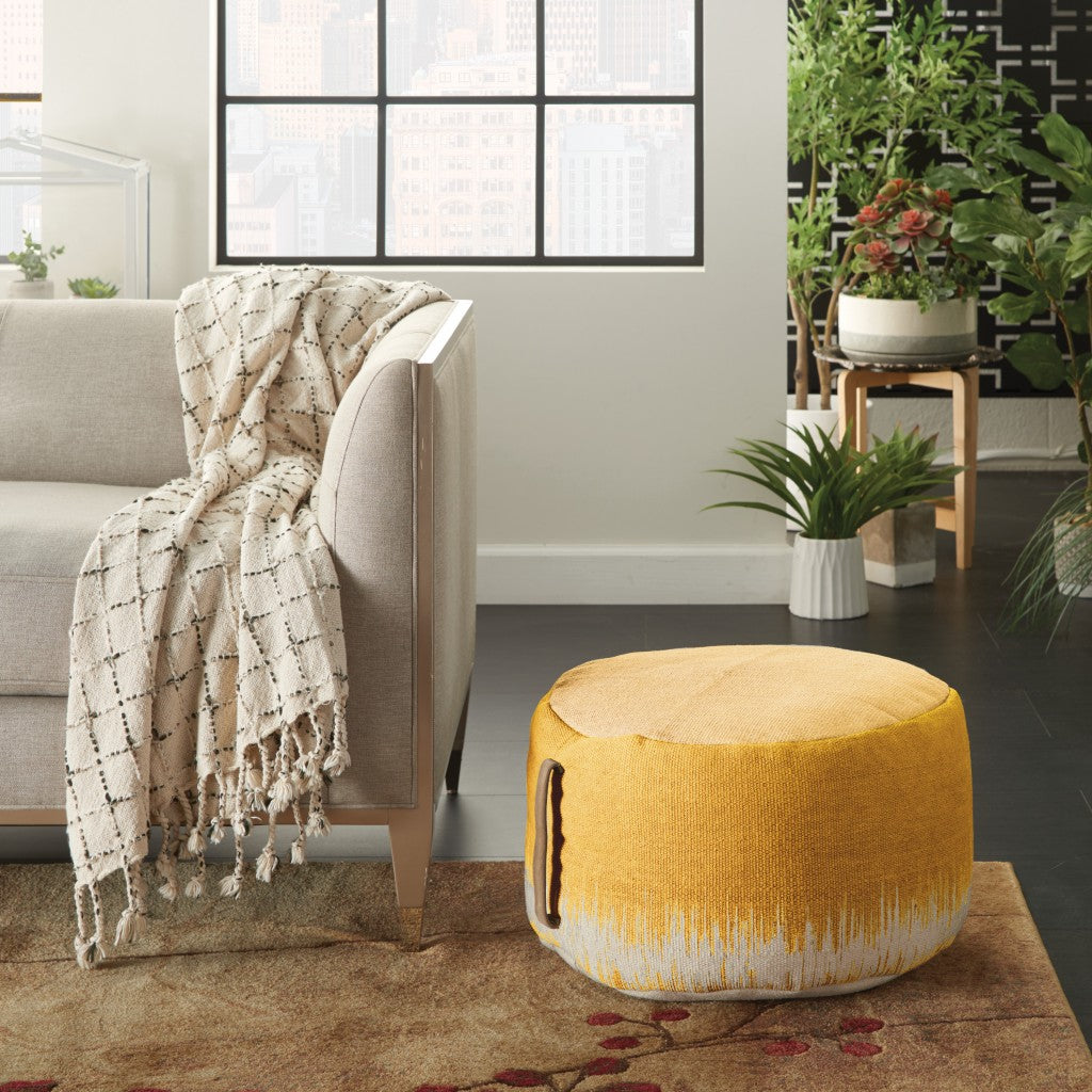 Rustic Yellow Abstract Round Pouf Ottoman 20"