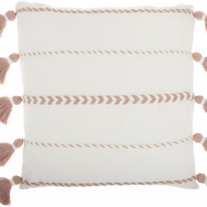 Bohemian White Cotton Accent Pillow With Blush Tassel Details