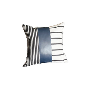 Traditional Navy Blue Faux Leather And Monochromatic Stripes Lumbar Pillow Cover