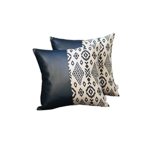 Set Of 2 Half Bohemian Patterns And Prussian Blue Faux Leather Lumbar Pillow Covers