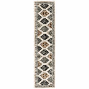 Abstract Ivory And Gray Geometric Indoor Runner Rug - 2’ x 8’