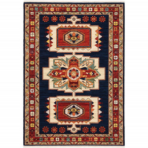 12' Blue Red Machine Woven Medallions Indoor Runner Rug