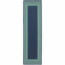 2’X8’ Navy And Green Geometric Indoor Outdoor Runner Rug