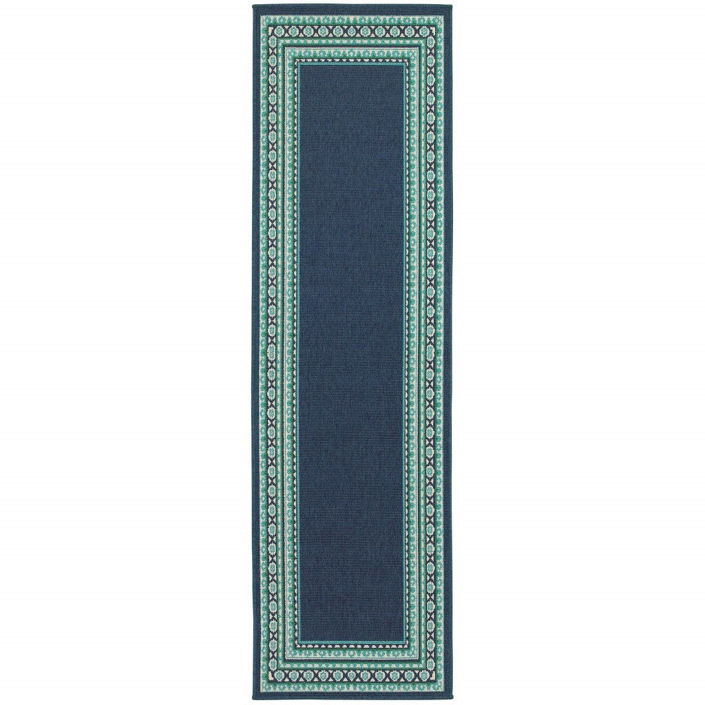 2’X8’ Navy And Green Geometric Indoor Outdoor Runner Rug